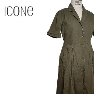 ICŌNE - Collared Poplin Dress in Uniform Green - Medium
